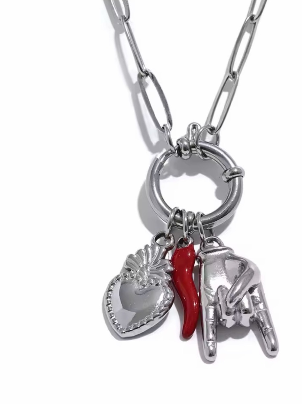 Silver Charm with Red Horn and Heart women’s necklace stainless steel waterproof